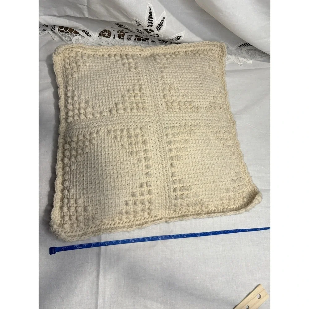 Vintage‎ Handmade Crochet Bobble Pillow Cream Wool Yarn Square Cushion 12